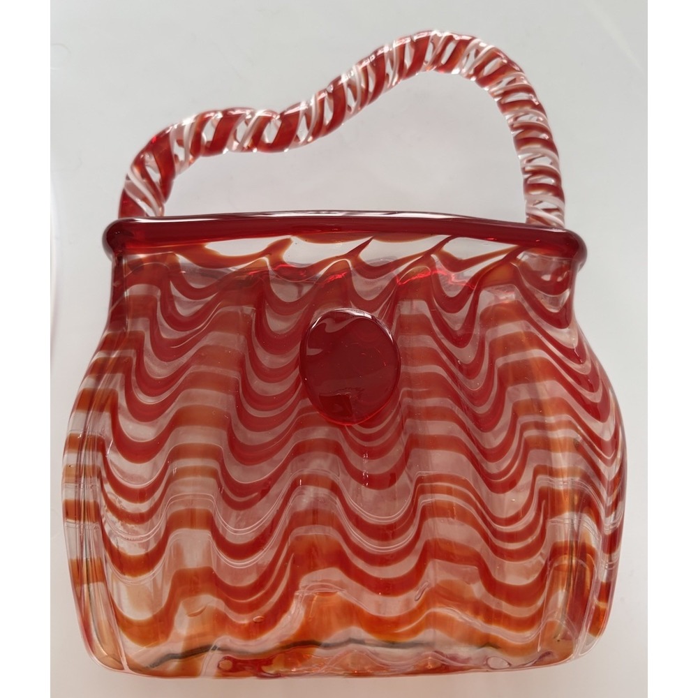 Vintage Pier 1 Hand Blown Art Glass Purse Vase Red Orange White Swirl Handbag